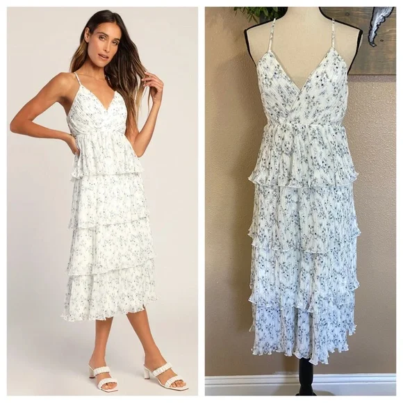 NWOT Lulus Petal Party White Floral Print Plisse Surplice Midi Dress - Picture 6 of 14
